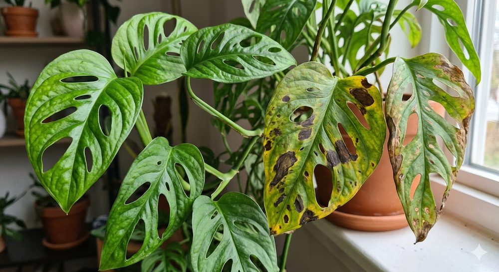 A Monstera adansonii leaf showing leaf-spot symptoms